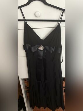 Cache Black Midi Slip Dress with ruffles Satin Waist Bow and Jeweled Brooch